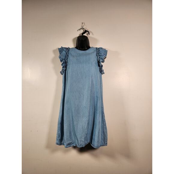 BLUE RAIN Chambray Mini Dress Women S Blue Tiered Ruffle Sleeve 100% Tencel Boho - Picture 1 of 11